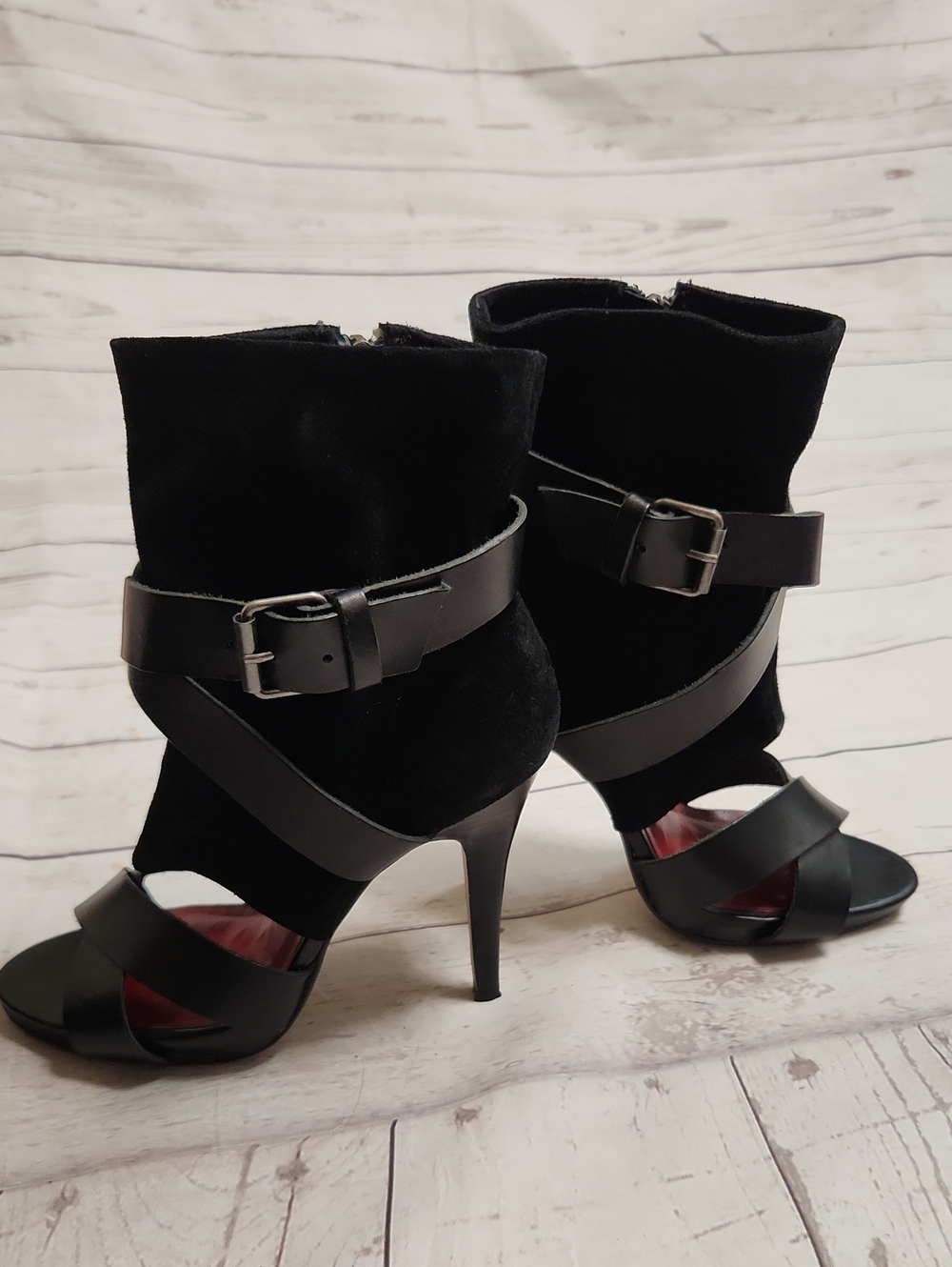 Max Studio Black Suede & Leather Open-Toe Ankle Heels
